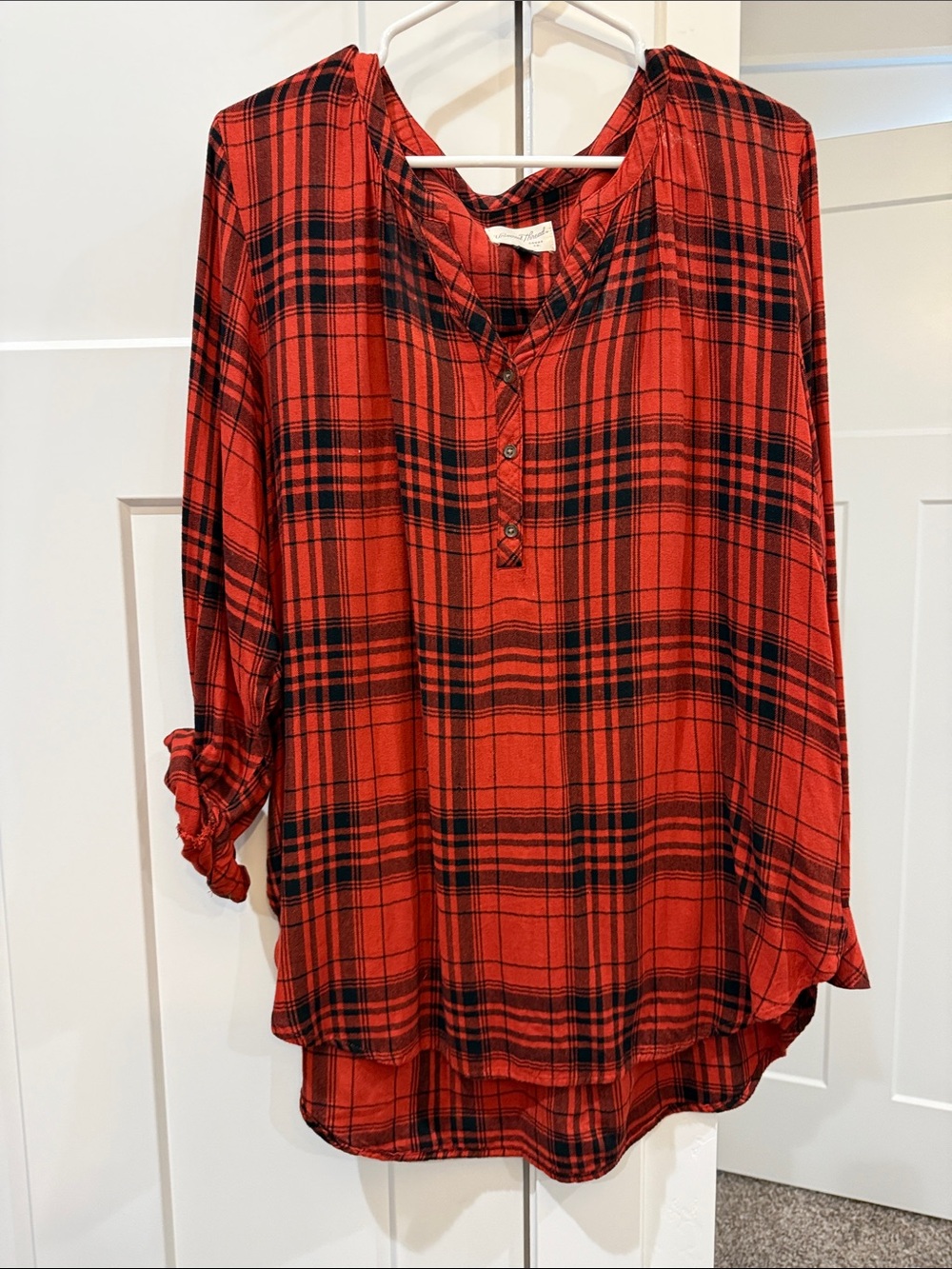 Universal Thread Red and Black Plaid Button-Henley Tunic